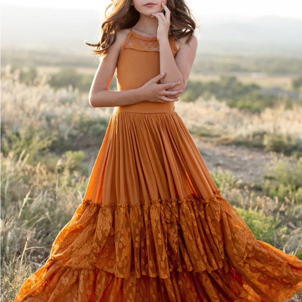 Joyfolie Marigold Tier Lace Ruffle Dress Halter Burnt Orange Girl Size 10 NEW